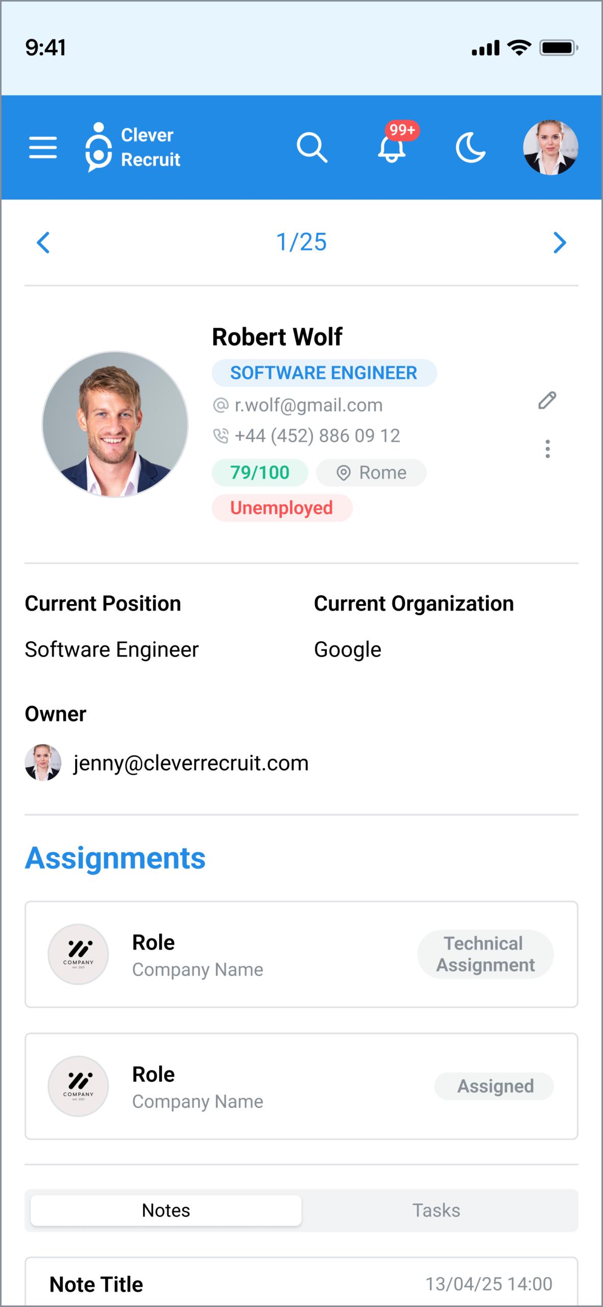 Clever Recruit — Mobile Detail Wireframe