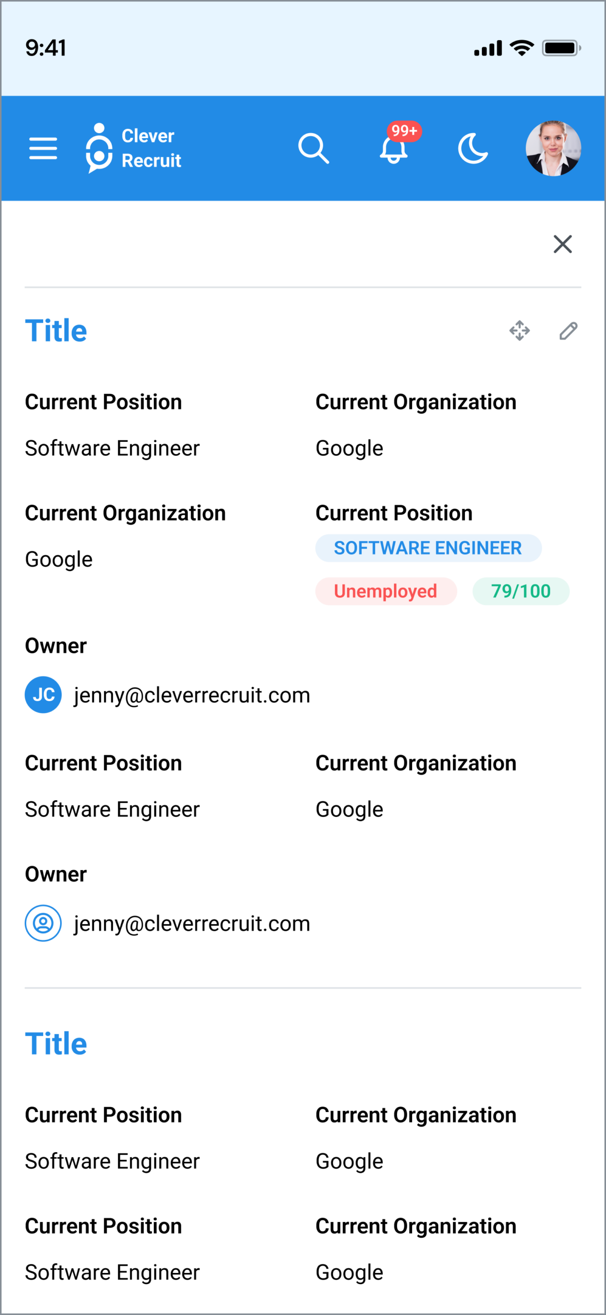 Clever Recruit — Mobile Profile Wireframe