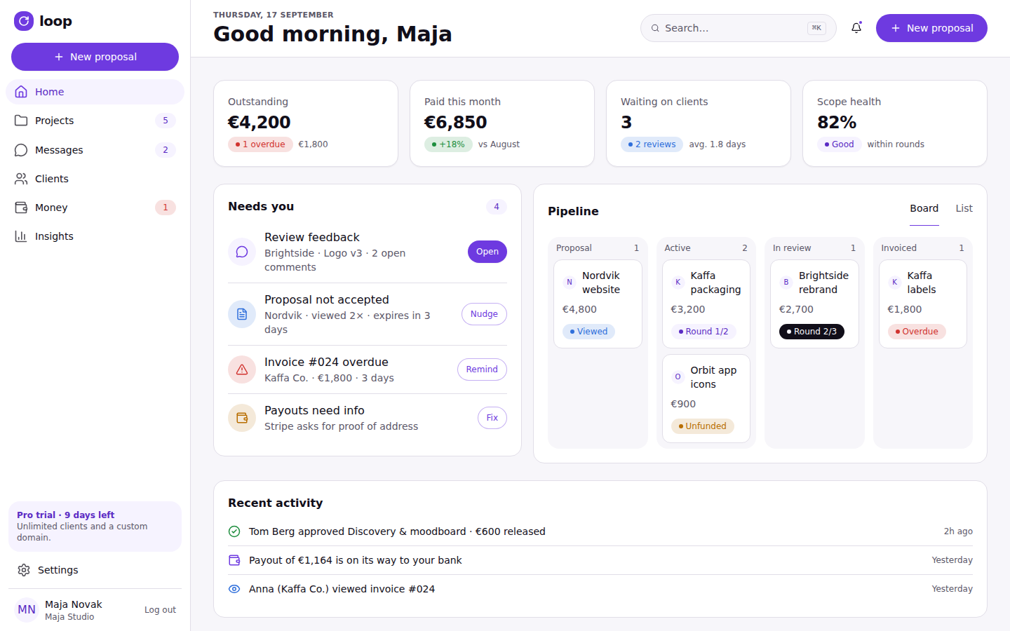 Loop — freelancer home dashboard