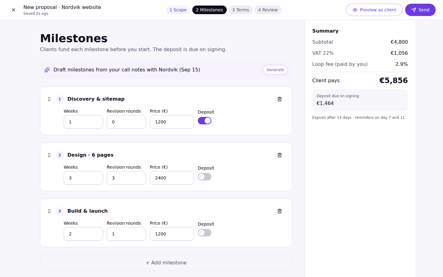 Loop proposal builder, desktop