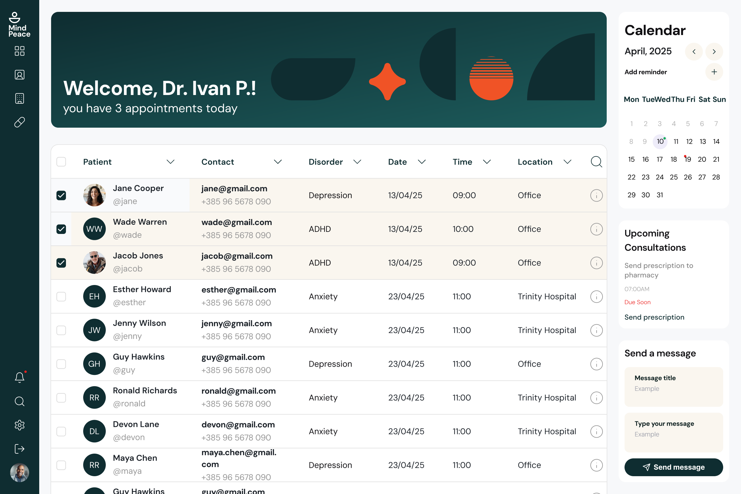 MindPeace — Dr. Ivan P. clinician roster with flagged patients and today's appointments