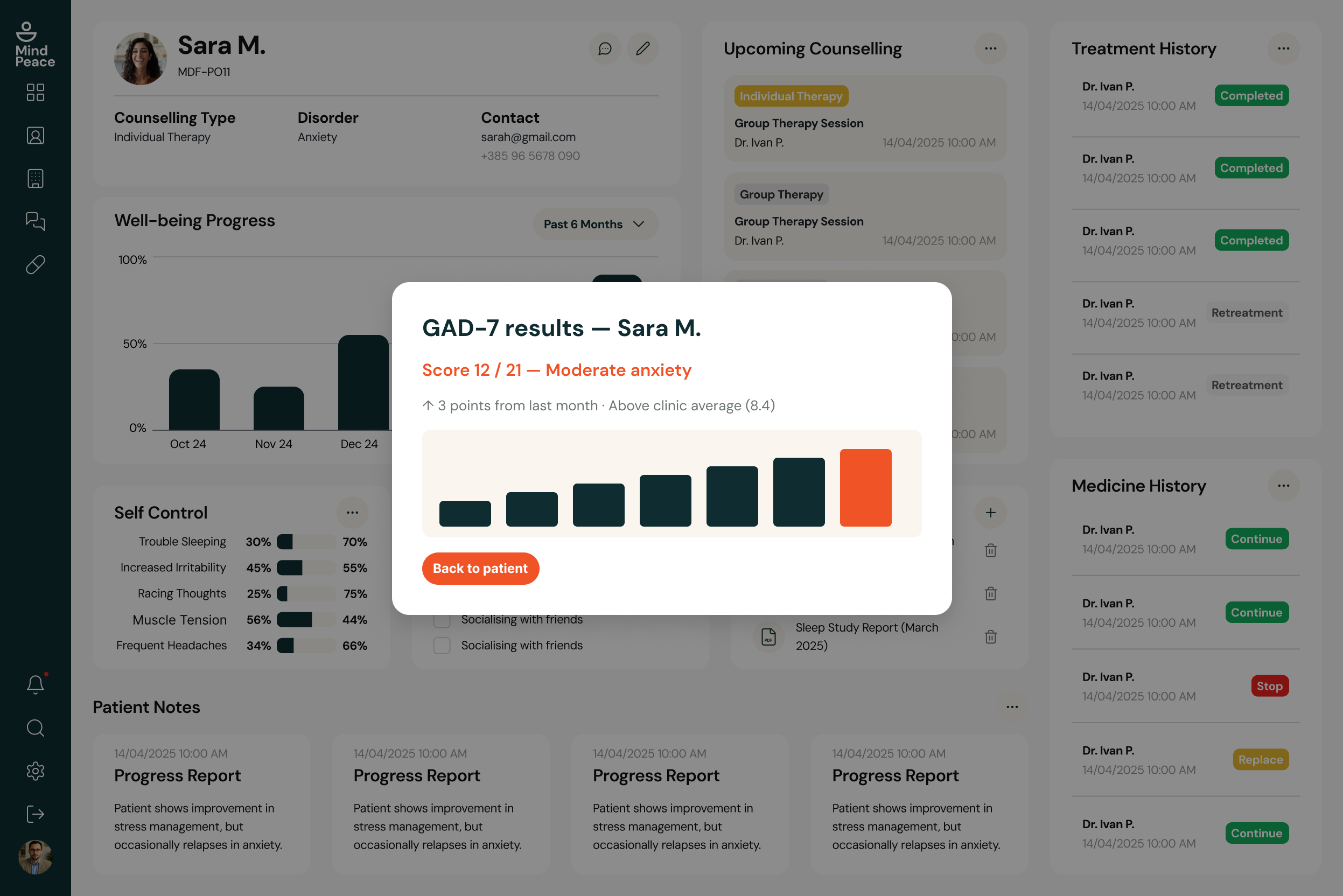 MindPeace — GAD-7 results for Sara M. with score trend