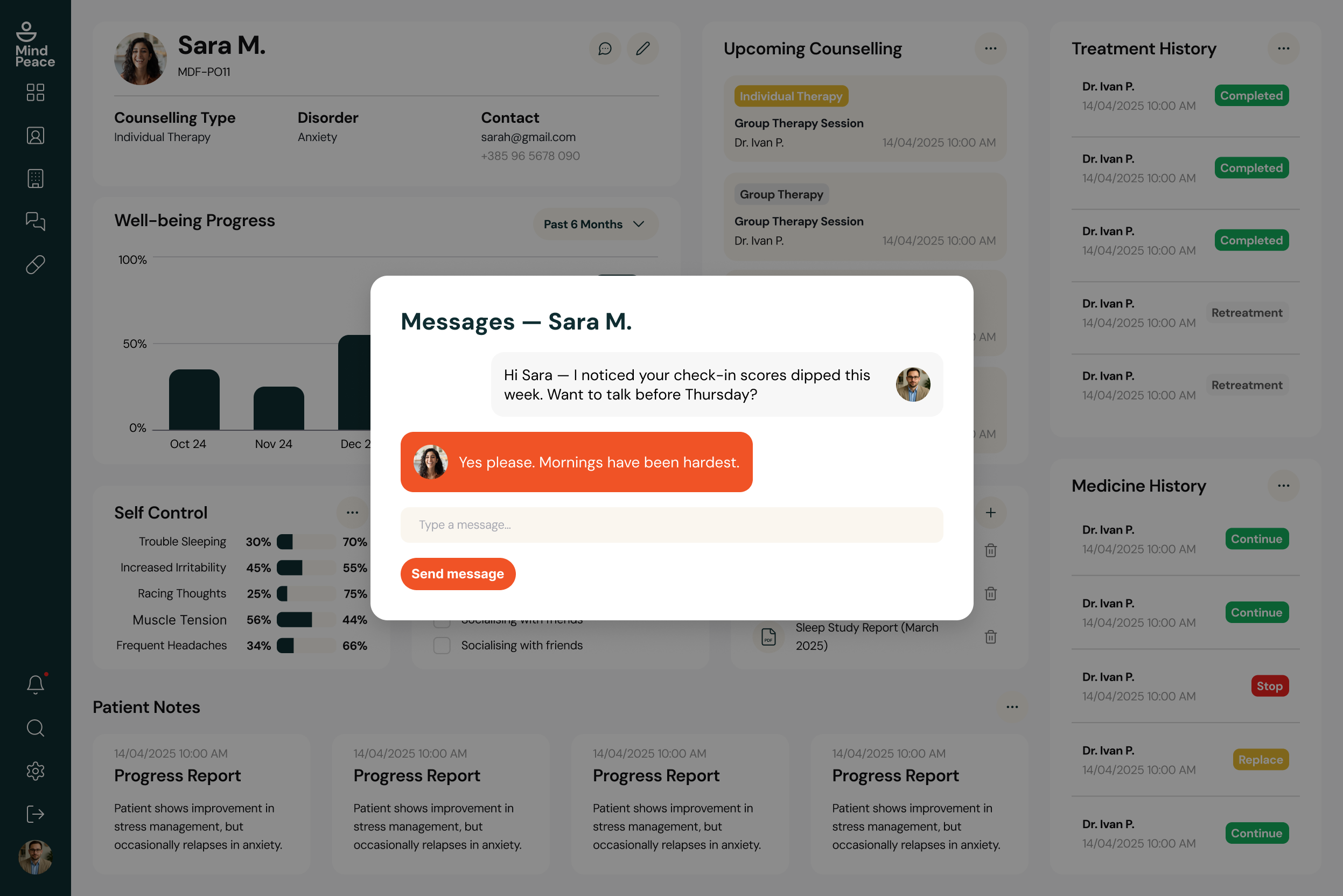 MindPeace — Clinician messaging thread with Sara M.