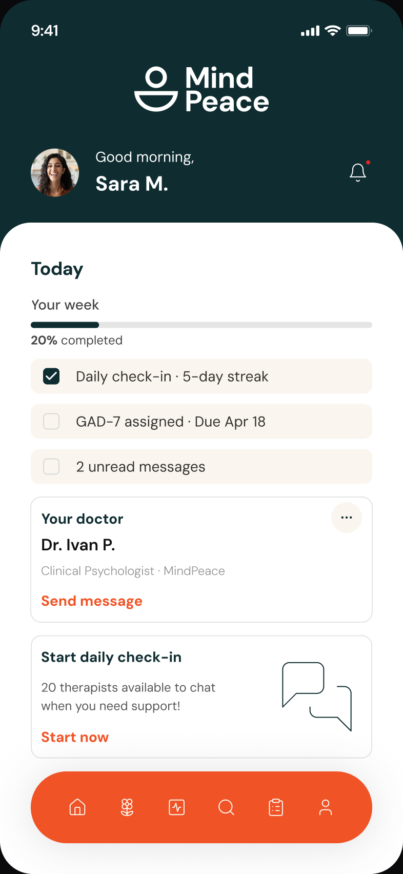 MindPeace — Patient home for Sara M. with daily check-in and GAD-7 assignment
