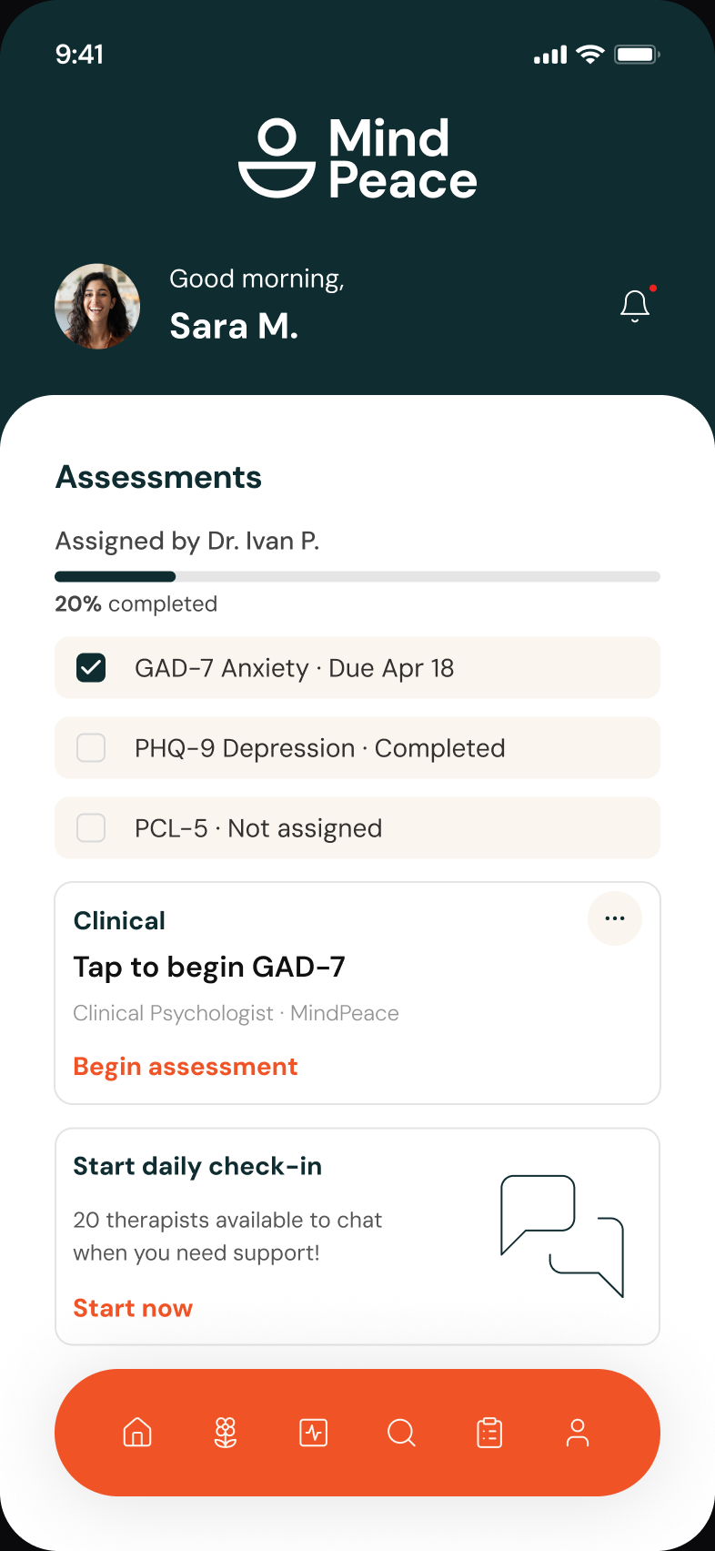 MindPeace — Assigned assessments (GAD-7, PHQ-9, PCL-5) from Dr. Ivan P.