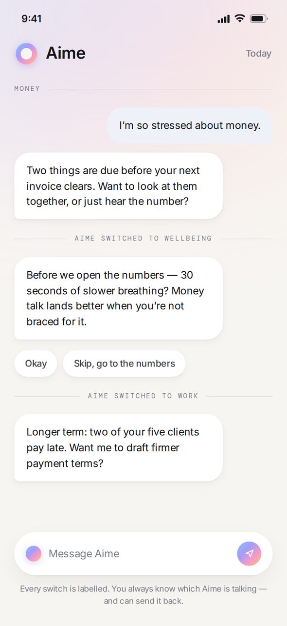 Aime module handoff — labelled transitions between the money, wellbeing and work lenses in one conversation