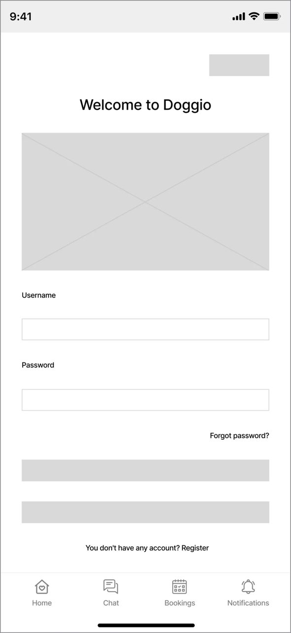 Doggio — greybox wireframe of the login screen with placeholder blocks for the logo, fields and buttons