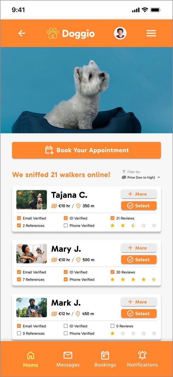 Doggio — high-fidelity walker list showing each walker's price, distance in metres, and a checklist of email, ID, phone and reference verifications