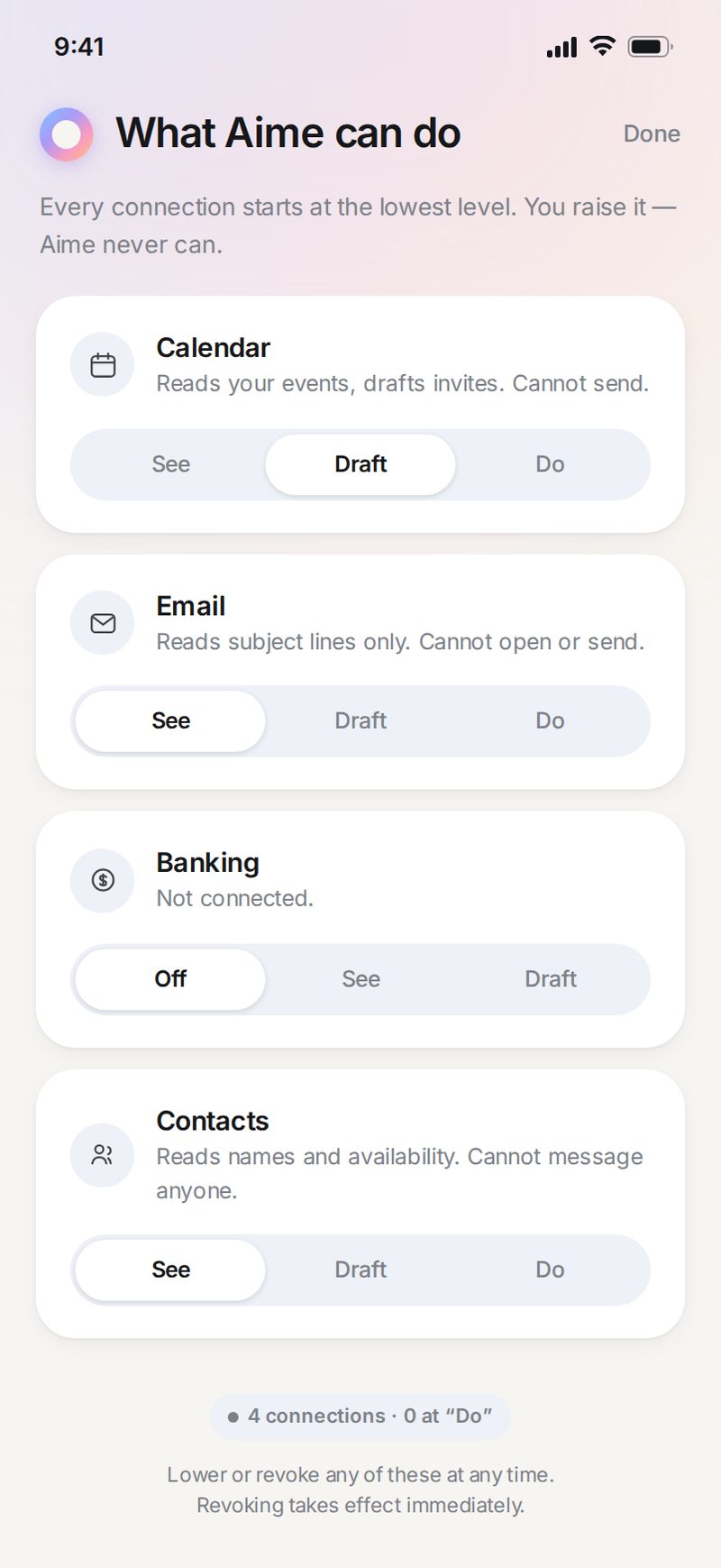 Aime permission scopes — each connection set to See, Draft or Do, described in plain language
