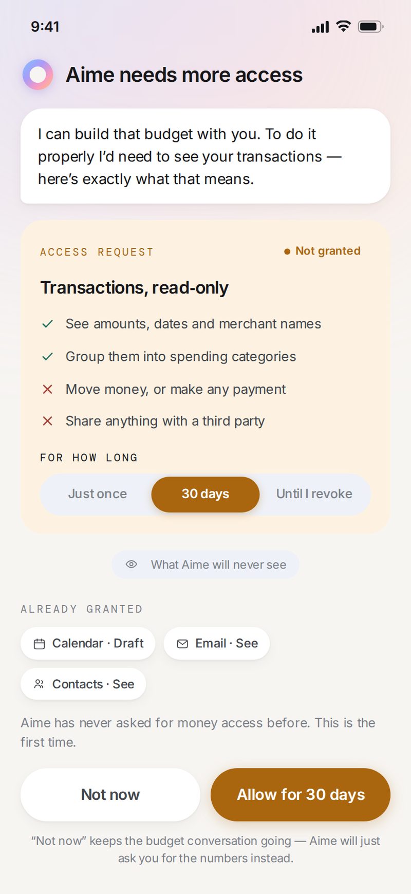 Aime step-up consent — an in-context access request showing exactly what it can and cannot do, with a duration