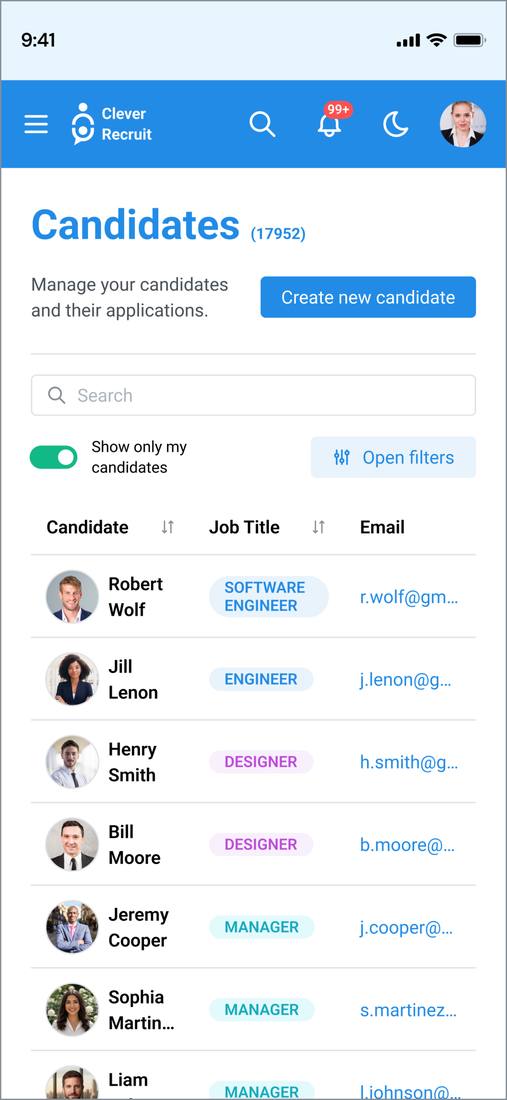 Clever Recruit — Mobile Candidates Wireframe