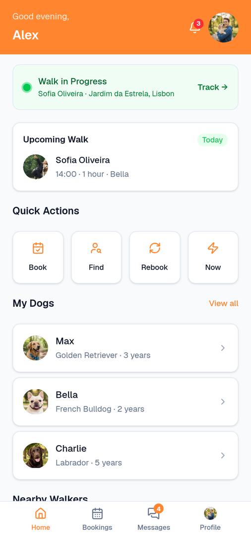 Doggio — Home Dashboard with Upcoming Walks