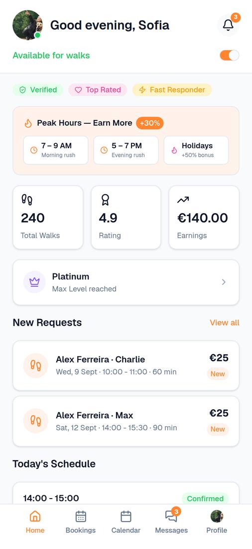 Doggio — Walker Dashboard with Today's Schedule