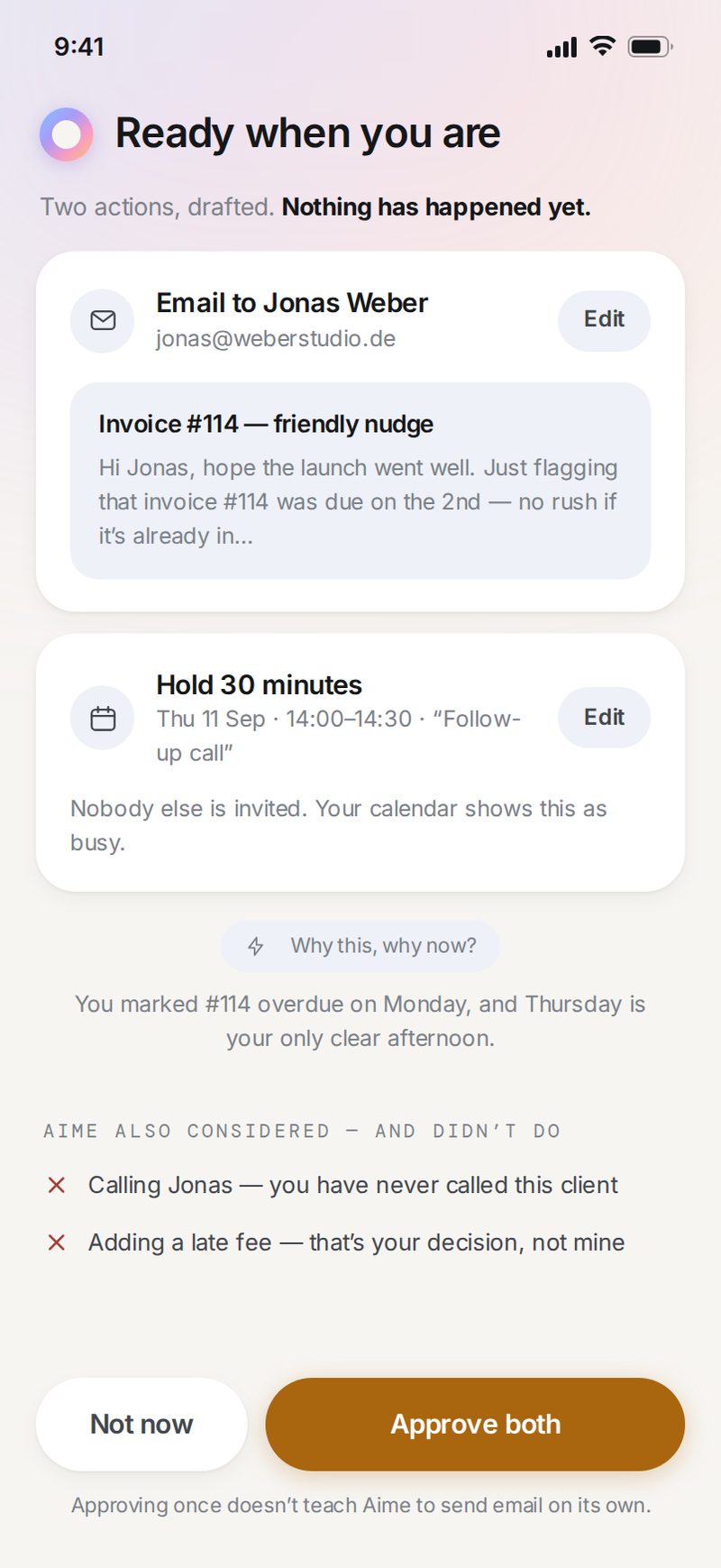 Aime action preview — the real email and calendar hold shown before approval, with rejected alternatives