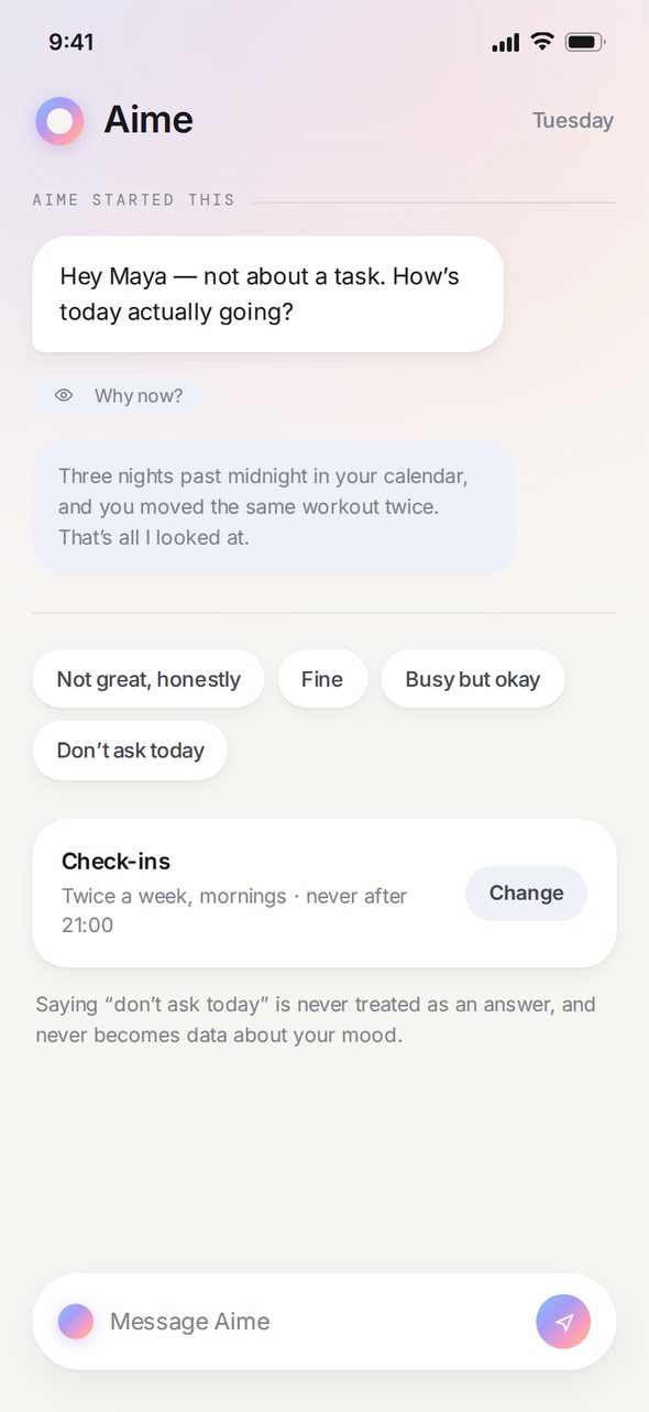 Aime proactive check-in — a wellbeing message with a why now explanation of the data that triggered it