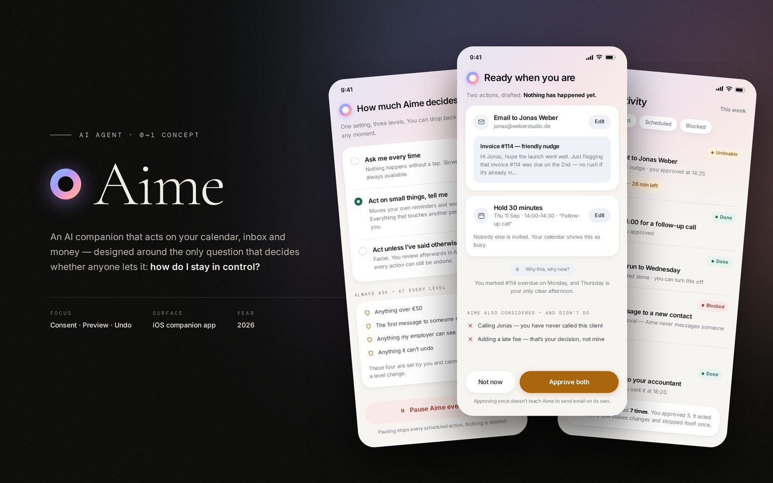 Aime — AI agent concept: permission scopes, action preview and reversible activity log