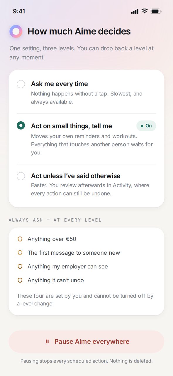 Aime autonomy settings — three levels for the whole agent plus four guardrails that no level can override
