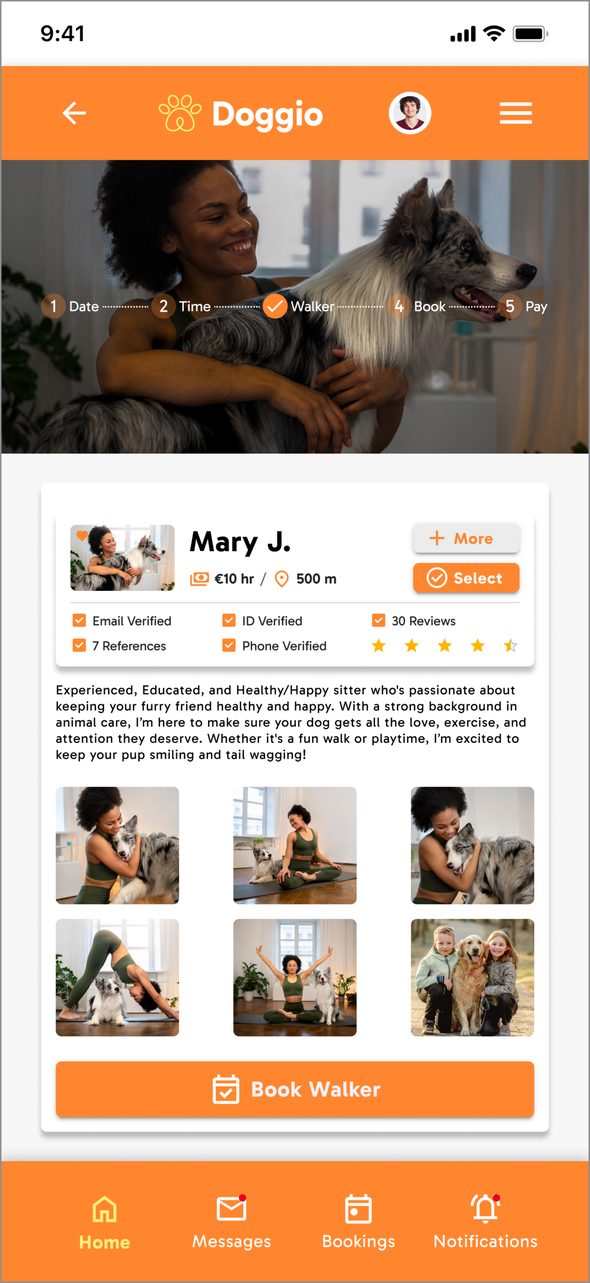 Doggio — high-fidelity walker profile with photo gallery, verification checklist, reviews and a book button