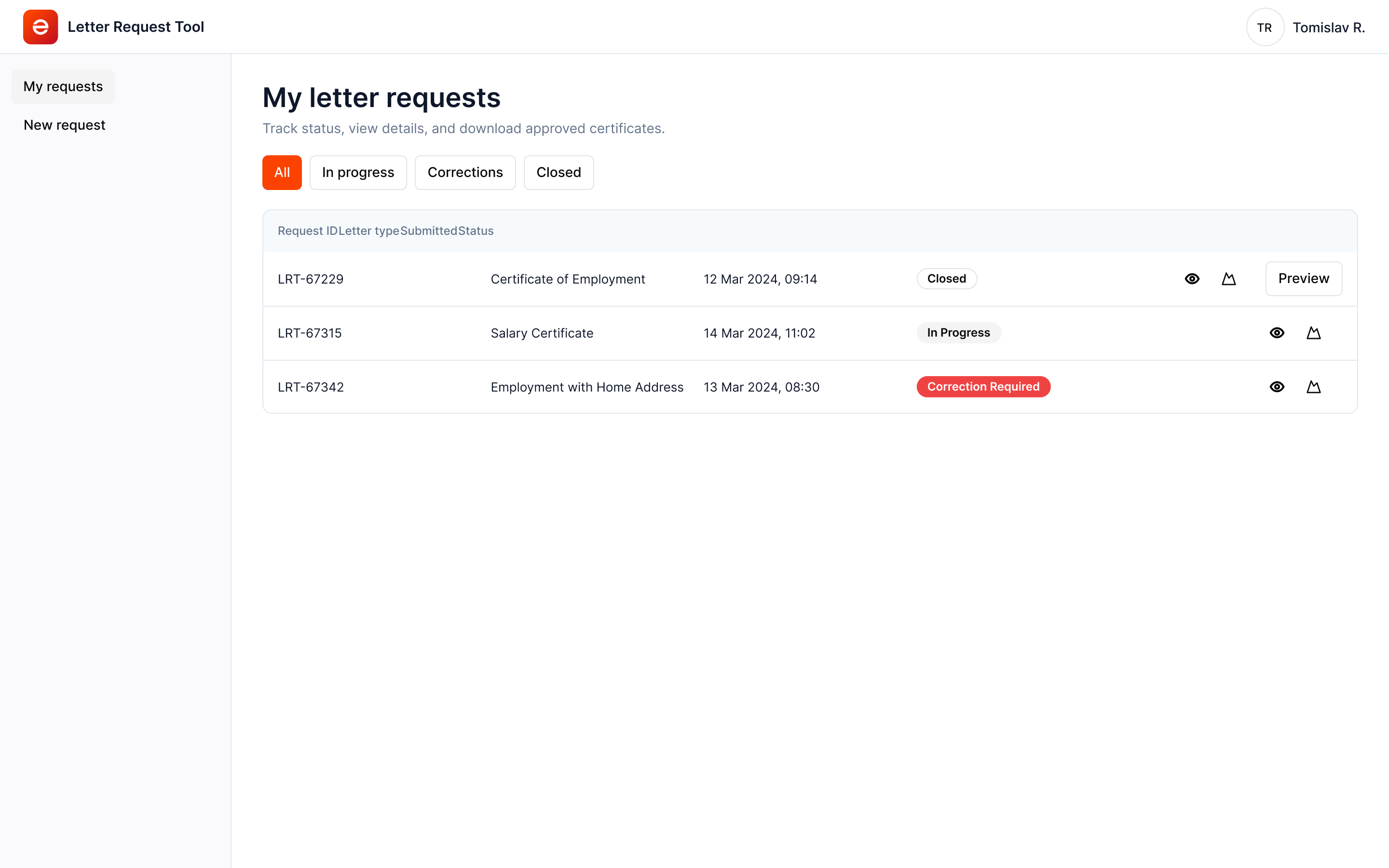 Zalex — Employee dashboard with request table and status badges