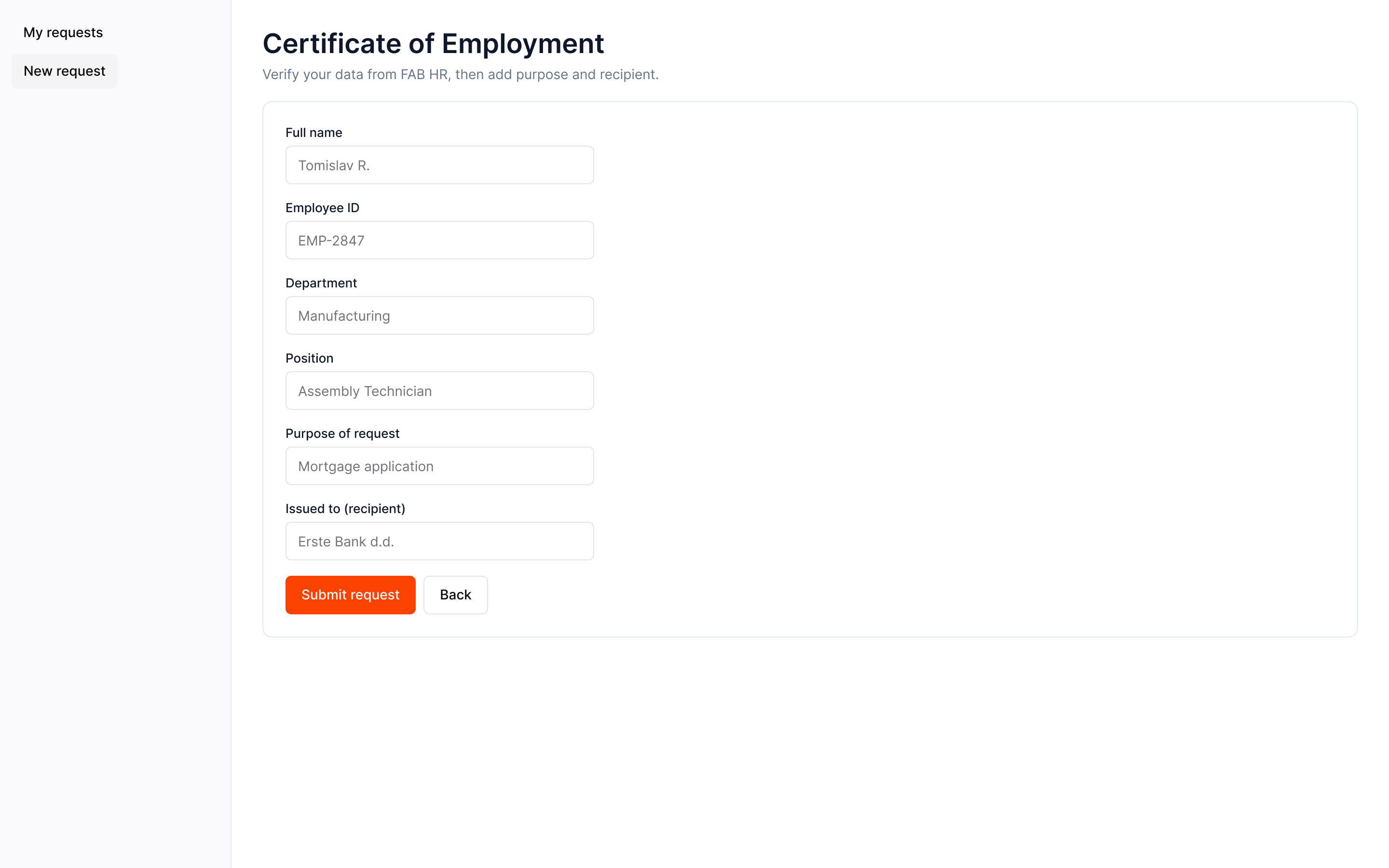 Zalex — Employment certificate form with HR data pre-filled