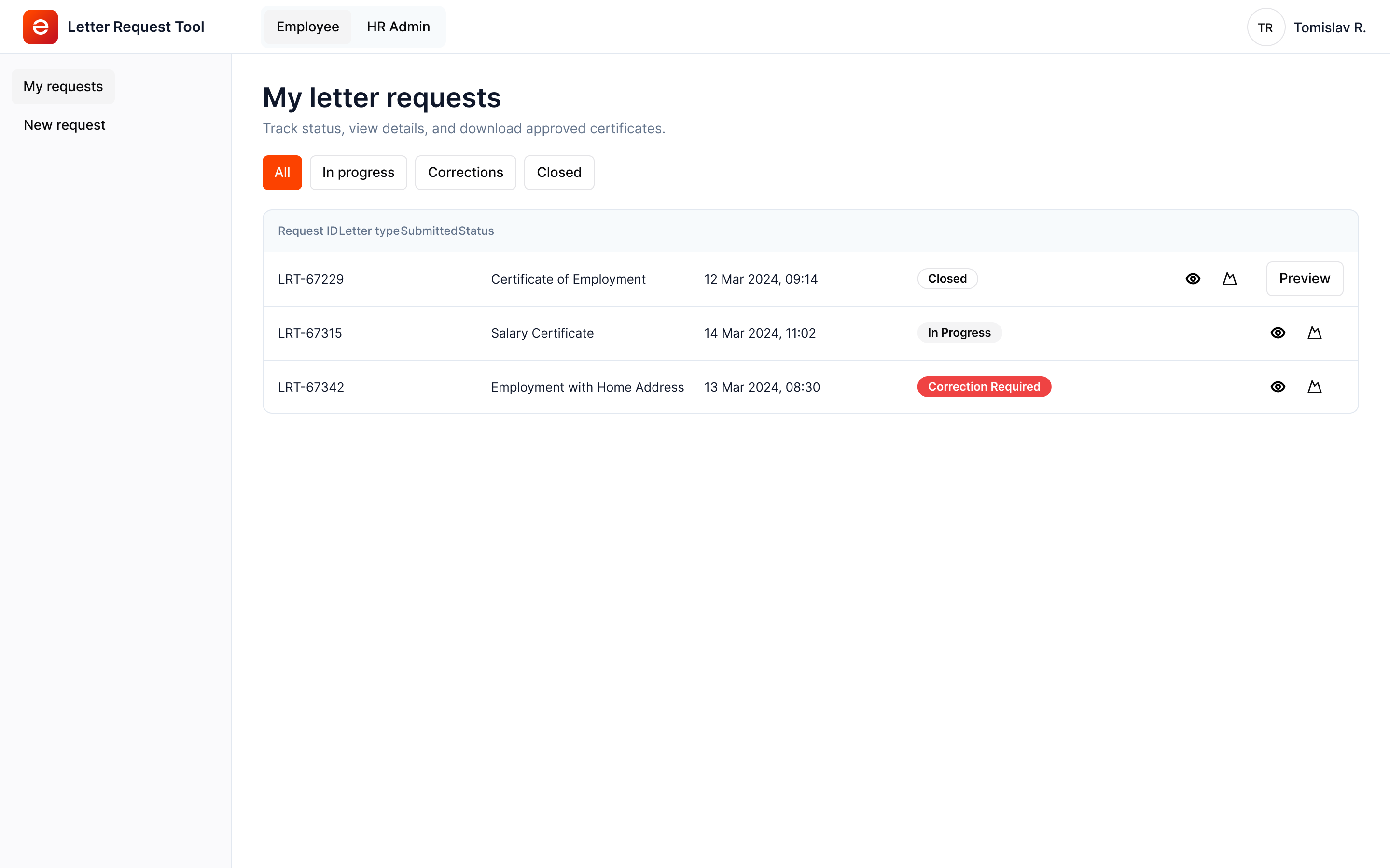 Zalex — Employee dashboard with correction required badge