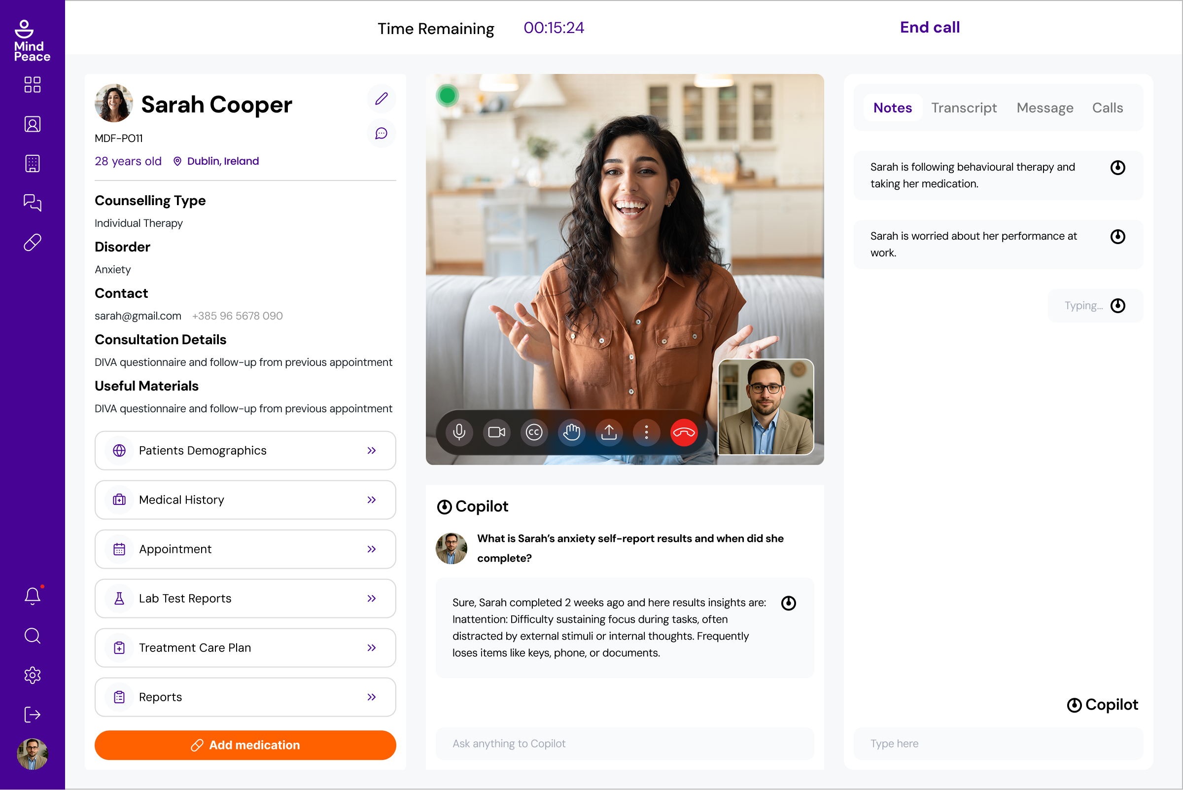 MindPeace — Desktop Call in Progress Wireframe