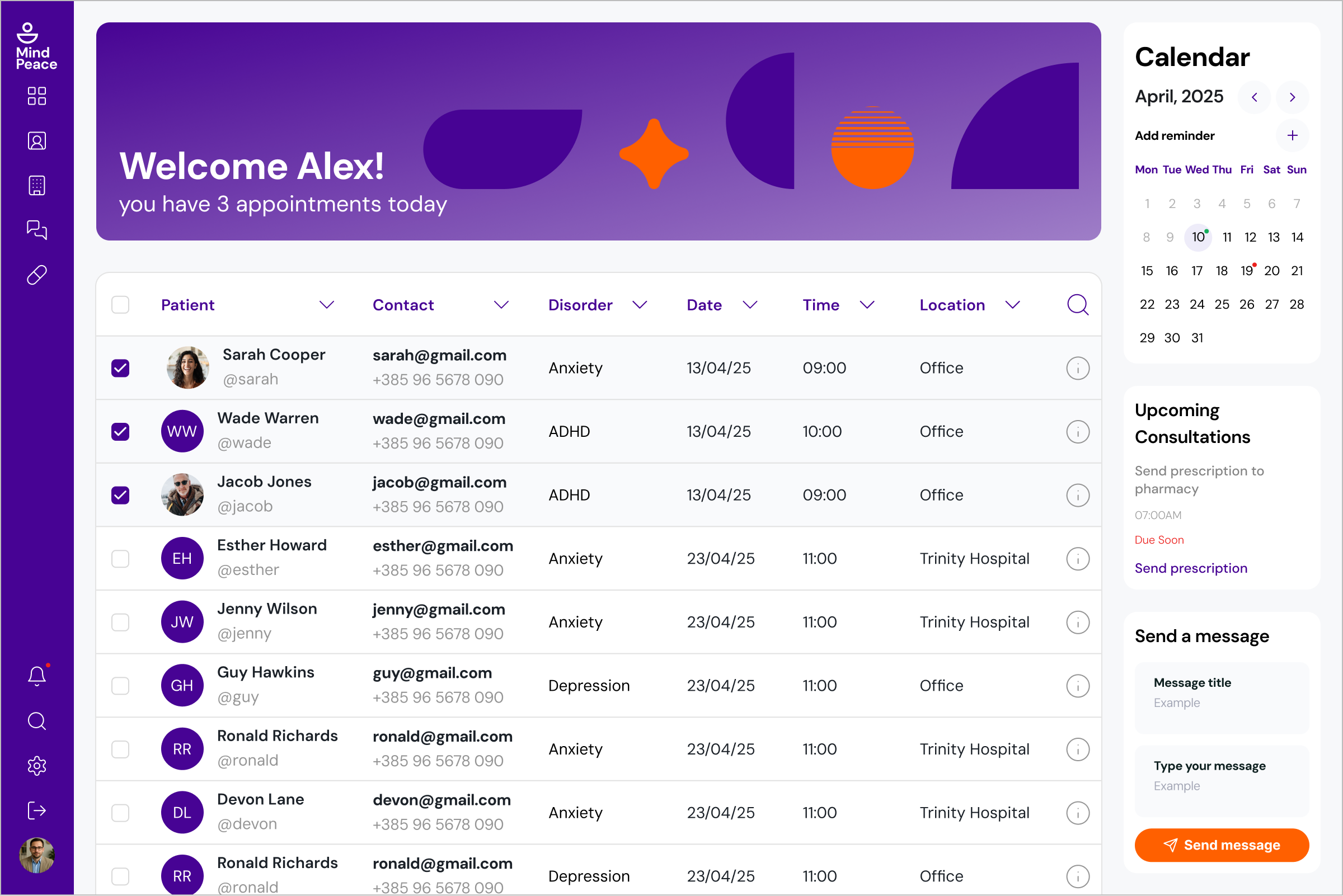 MindPeace — Desktop Doctor View Wireframe
